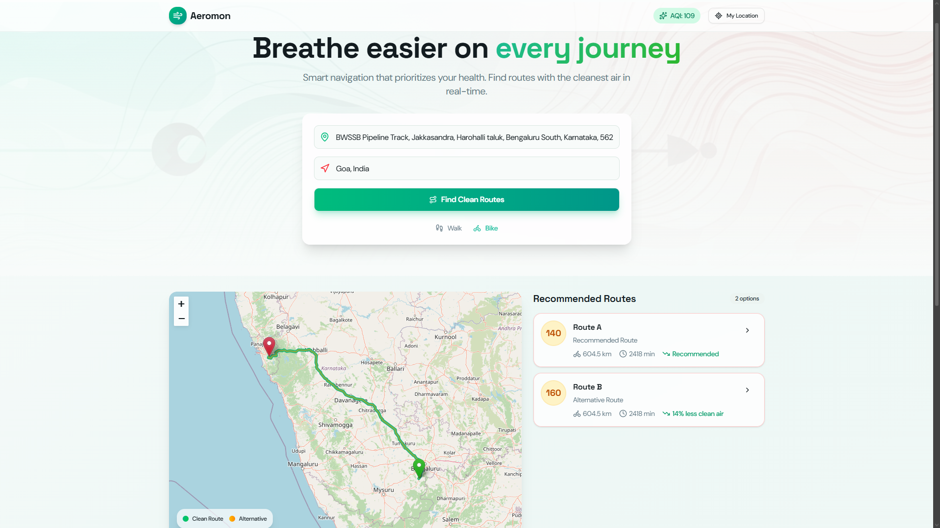 AEROMON - Air quality–aware route optimization platform with real-time AQI sampling, intelligent route scoring, and AI-generated health insights.