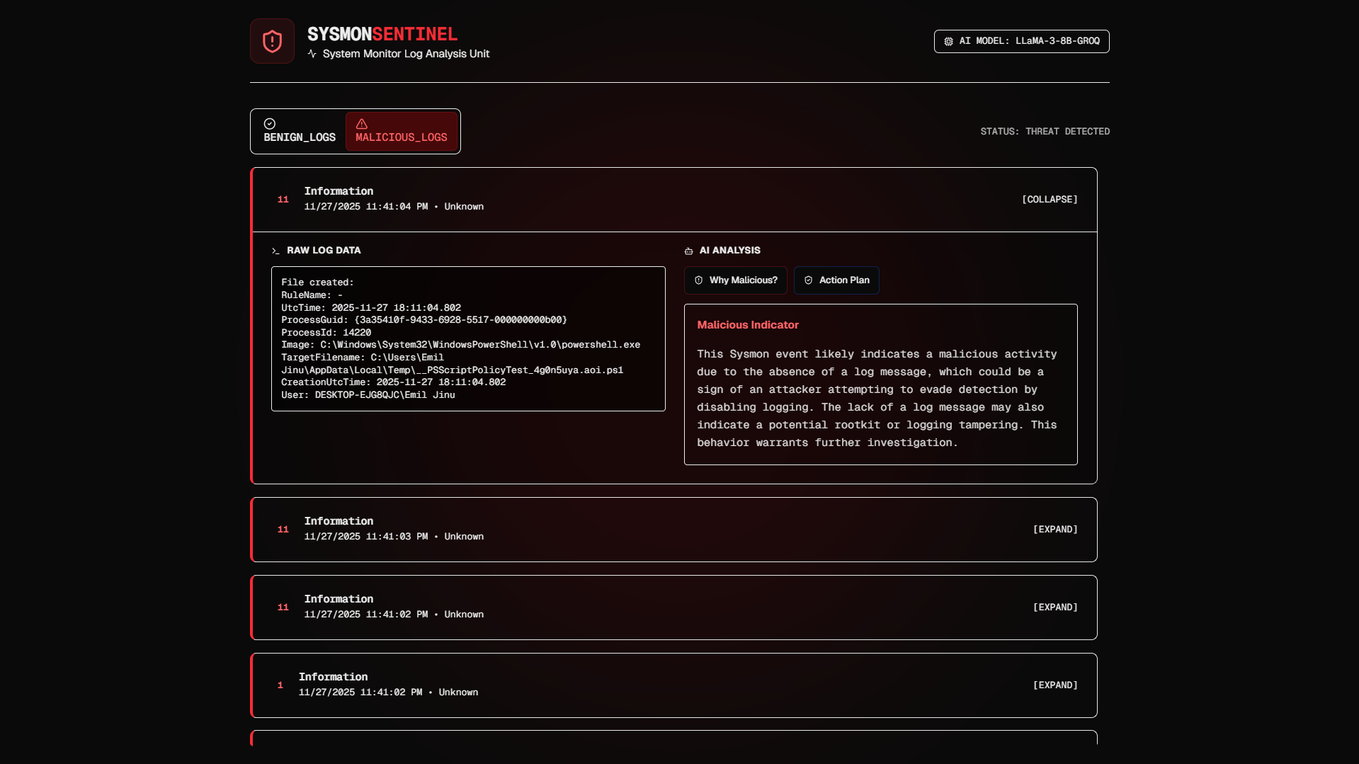 SYSMON SENTINEL - Transformer-based AI system for real-time Sysmon log classification and threat explanation.